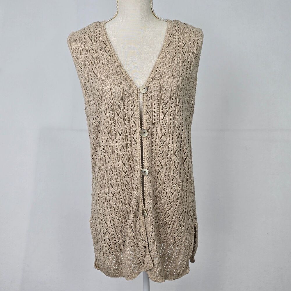 Valerie Stevens Women’s M Beige Linen Cotton Sleeveless Longline Cardigan Vest